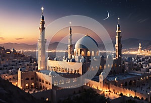 Eid mubarak and ramadan kareem greetings with islamic lantern and mosque. Generative AI