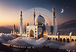 Eid mubarak and ramadan kareem greetings with islamic lantern and mosque. Generative AI