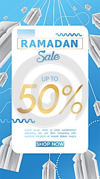 Eid Mubarak or ramadan kareem for instagram story sale banner, poster, concept, background, template. Copy space for discount tag
