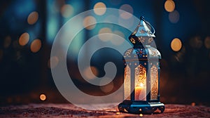 Eid Mubarak and Ramadan Kareem Islam holy month. Arabic lantern and burning candle at night. Muslims iftar under soft light of