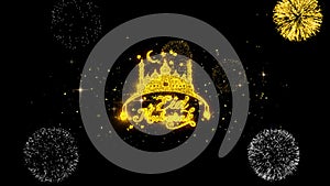 Eid mubarak text wish reveal on glitter golden particles firework.