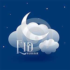 Eid mubarak wishes card with moon cloud and stars