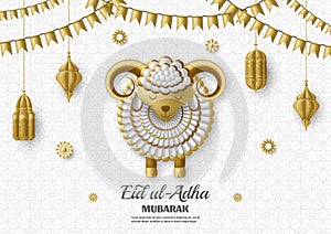 Eid Ul Adha Background. Islamic Arabic lanterns and sheep. Greeting card. Festival of the Sacrifice