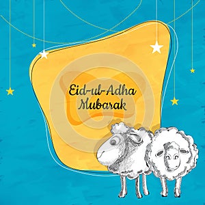 Eid-Ul-Adha Mubara Greeting Card with Doodle Style Two Sheep Characters, Hanging Stars Decorated on Abstract Chrome Yellow