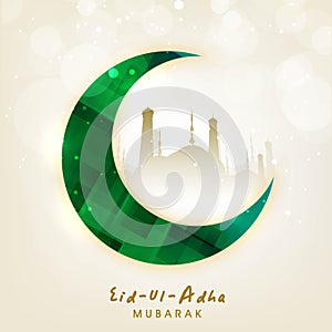 Eid-Ul-Adha Mubarak Greeting Card with Green Crescent Moon, Silhouette Mosque on Beige Bokeh Blur