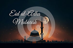 Eid Ul-Adha Mubarak greeting card with moon and mosque, Generative AI