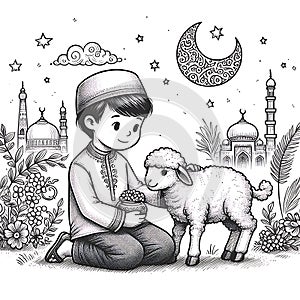 Eid ul adha vector illustration, a boy with a goat to be sacrificed,image is generated with the use of an AI