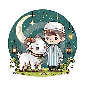 Eid ul adha vector illustration, a boy with a goat to be sacrificed,image is generated with the use of an AI