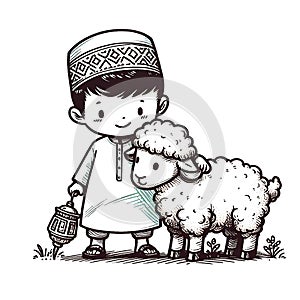 Eid ul adha vector illustration, a boy with a goat to be sacrificed,image is generated with the use of an AI