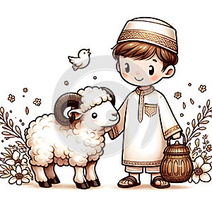 Eid ul adha vector illustration, a boy with a goat to be sacrificed,image is generated with the use of an AI