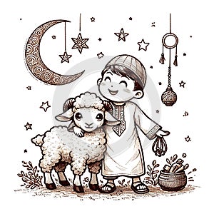 Eid ul adha vector illustration, a boy with a goat to be sacrificed,image is generated with the use of an AI