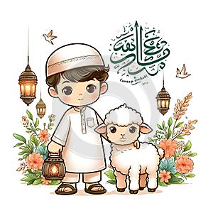 Eid ul adha vector illustration, a boy with a goat to be sacrificed,image is generated with the use of an AI