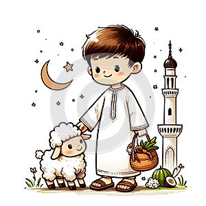 Eid ul adha vector illustration, a boy with a goat to be sacrificed,image is generated with the use of an AI