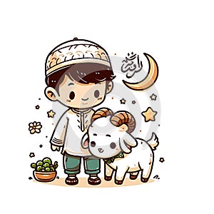 Eid ul adha vector illustration, a boy with a goat to be sacrificed,image is generated with the use of an AI