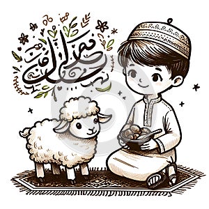 Eid ul adha vector illustration, a boy with a goat to be sacrificed,image is generated with the use of an AI