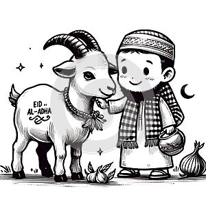 Eid ul adha vector illustration, a boy with a goat to be sacrificed,image is generated with the use of an AI