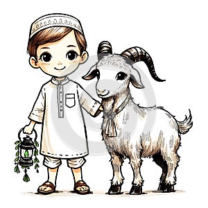 Eid ul adha vector illustration, a boy with a goat to be sacrificed,image is generated with the use of an AI