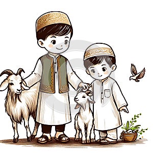 Eid ul adha vector illustration, a boy with a goat to be sacrificed,image is generated with the use of an AI