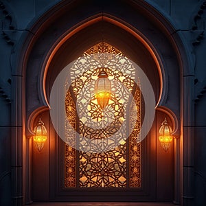 Eid ul Fitr background Islamic lantern, mosque, window concept photo