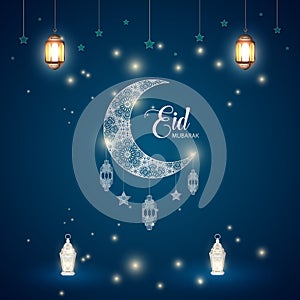 Eid Ul Fitr Mubarak Islamic Celebration. Ornament moon stars lantern background design vector