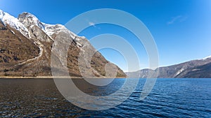 Eidfjord, a Norwegian town and municipality in the Hordaland region, view from the beach on the Eidfjorden,  the inner branch of photo