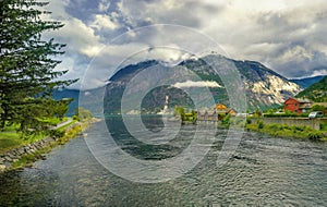 Eidfjord river and village. Eidfjord, Norway, Scandinavia