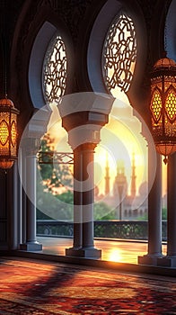 Eidul Fitr background Islamic lantern, mosque, window concept