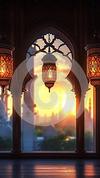 Eidul Fitr background Islamic lantern, mosque, window concept