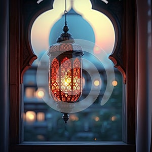 EidulFitr background Islamic lantern, mosque, greetings, window concept