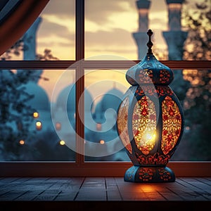 EidulFitr background Islamic lantern, mosque, greetings, window concept