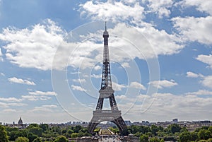 Eiffel tower against sky with clouds