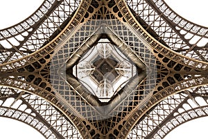 Eiffel Tower architecture detail, bottom view. Unique angle photo