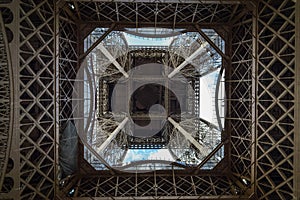 Eiffel Tower architecture detail, symmetric view from the bottom central part