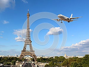 Eiffel Tower with Arriving Airplane