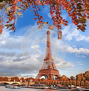 Eiffel Tower with autumn leaves in Paris, France