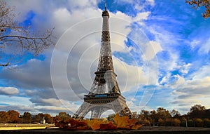 Eiffel Tower with autumn leaves in Paris, France