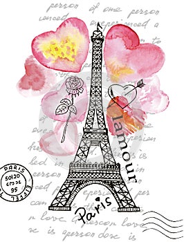 Eiffel Tower on the background of watercolor heart.