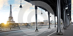 Eiffel tower and Bir Hakeim bridge in Paris, France