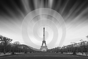 Eiffel tower black and white clouds