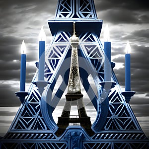 Eiffel Tower and blue candles on a dark overcast background. Hanukkah as a traditional Jewish holiday