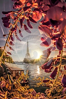 Eiffel Tower with boat during spring time in Paris, France