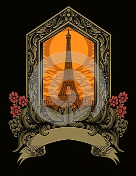 Eiffel tower building`s with vintage engraving ornament