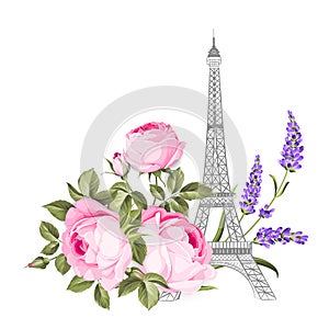 The Eiffel tower card. Eiffel tower simbol with spring blooming flowers over white background.