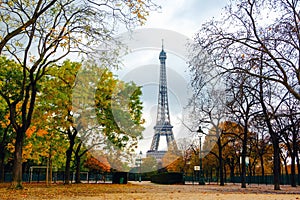 Eiffel Tower and Champ de Mars park in autumn, Paris, France