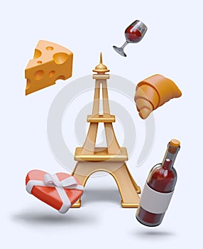 Eiffel Tower, cheese, glass of wine, croissant, box of sweets, bottle of alcohol