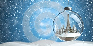 Eiffel tower with cristmas tree in glass bauble or ball. Tour to Paris France for New Years Eve celebrations concept