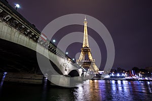 Eiffel Tower and d`Iena Bridge at night, Paris, France