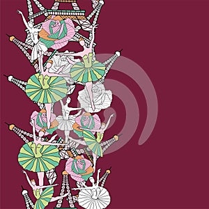 Eiffel Tower, Dancing Girls and Roses Seamless Pattern. French vector background. Vintage fabric design in pastel colors. Vertical