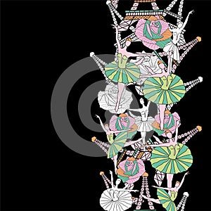 Eiffel Tower, Dancing Girls and Roses Seamless Pattern. French vector black background. Vintage fabric design in pastel colors