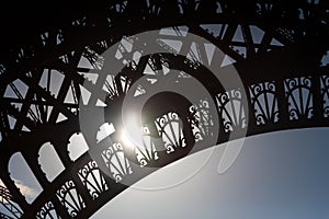 Eiffel Tower detail showing patterns and sun